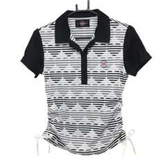 ★特価★【超美品】ビバハート 半袖ポロシャツ 黒×白 ボーダー ハート総柄 裾ドローストリング レディース 40(M) ゴルフウェア VIVA HEART