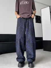 ド派手 ヒョウ柄プリント ジーンズ 012 青 ネイビー デニム ワイドパンツ 太ズボン ヤクザ ヤンキー オラオラ  オラオラ系 部屋着 服 メンズ ファッション