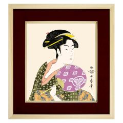 色紙額】 喜多川歌麿「団扇を持つおひさ」 額入り 美人画 複製色紙