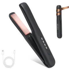 大人気　初心者向け 家庭/旅行/出張/通勤用 日本語説明書付き 男女兼用 2in1 持ち運び便利 小型 ミニ 無線 誤起動防止ロック 自動電源OFF 4段階温度調整 (ブラック) 140℃～200℃ 20秒速熱 軽量 19mm Type-C充電 コードレスヘア