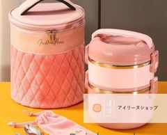 【新品未使用】お弁当箱 保温ランチジャー 保温弁当箱 二段 おべんとう箱 弁当バッグ付き お箸とスプーン付き 真空断熱 こども 大人 女性 男性兼用 通勤 通学 (2層【ハイスタイル】フリー食器セット保温バッグ) プレゼントギフト#アイリーヌショップ