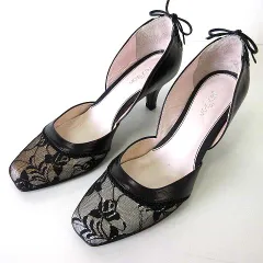 ミッシェルクラン MICHEL KLEIN パンプス 本革 レザー 花柄 レース バックリボン 23.5cm E 黒 ブラック ピンクくつ 靴 シューズのサムネイル