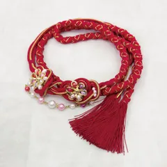 帯締め 中古 振袖用  成人式  飾り紐 赤 パール 正絹