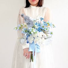 すーちゃん様専用ページ　ウェディングブーケ　ブートニア付　アーティフィシャルフラワー 造花　オーダーブーケ　青　ブルー