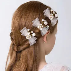 【簡単クリップで華やかヘア】髪飾り 子供 発表会 ピアノ 3個セット リボン 花 パール クリップ 結婚式 ヘアアクセサリー キッズ 女の子 _d