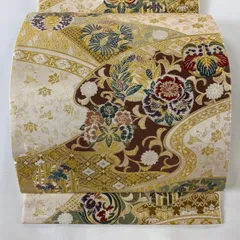 袋帯 美品 秀品 花唐草 花鳥 箔 唐織 クリーム 六通 正絹 【中古】