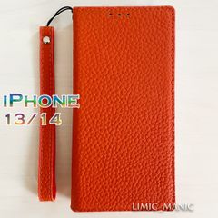 iPhone 14 / 13 手帳型 スマホ ケース マグネット 本革製 レザー 磁石 マグネット式 オレンジ 橙 アイフォン