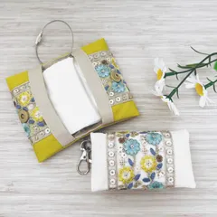 キーホルダーみたいなポケットティッシュケース　帆布（2色）＋インド刺繍リボン　花粉症　プレゼント　男性やお子様にもオススメ