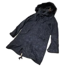 ★Johnbull モヘヤブレンド シャギーウール モッズコート ミリタリージャケット タヌキファー フード 着脱可能 M-65型 フィッシュテールパーカー チャコールグレー ダブルジップ スナップボタン レディース サイズL ジョンブル 古着 USED