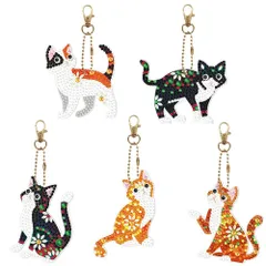 【在庫処分】DIY 5個入り 手工芸品 手作り キーホルダー ダイヤモンド塗装 かわいい ペンダント 初心者でも楽しめる プレゼント ダイヤモンドアート (ねこ)