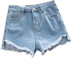 FARFADET ショートパンツ ホットパンツ レディース デニム ジーンズ ズボン ボトムス 脚長 美尻 フリンジ 切りっぱなし ダメージ ゆったり( ブルー,  L)