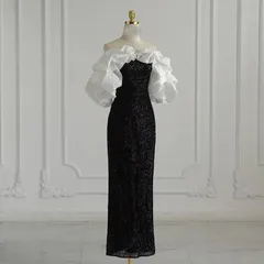 【新品 未使用】2026新作 パーティードレス レディース ロング丈 ワンピース ドレス 結婚式 お呼ばれ オフショルダ- タイトスカート スパンコール きらきら 演奏会 発表会 大きなフリル袖 ブラック 