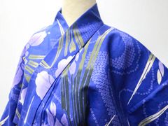 【一輝堂】【着物】浴衣 コーマ地 花文 身丈約152cm裄丈約64cm 25z04-2164
