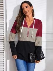 【新品】レディース カラフルなドローストリング付きカラーブロックパーカー【L】