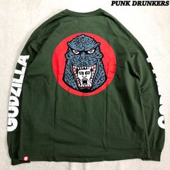PUNK DRUNKERS x GODZILLA ゴジラからあいつロンTEE ロングスリーブTシャツ 長袖カットソー 両面プリント 袖プリント XLサイズ 緑系 カーキグリーン PDS パンクドランカーズ