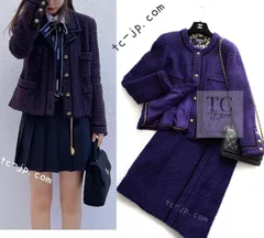 シャネル ジャケット スーツ CHANEL ヴィンテージ プラム パープル ウール ツイード スカート 貴重 カールラガーフェルド ランウェイ 美品 38 40 42