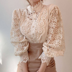 レディース レース ボリューム袖シャツ 春服 ブラウス l 白 パールボタン