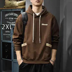 [2XL]秋冬 コーデ メンズ  服 シンプル ファッション オシャレ 大人 かっこいい 大きいサイズ ストリート 紳士服  厚手 ベルベット フード付き トレーナー アメリカン レトロ コントラスト トップス プルオーバー カジュアル ジャケット