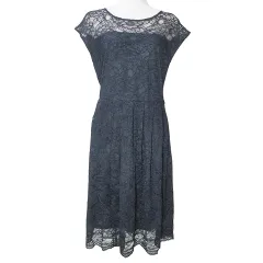 グリーンレーベルリラクシング ユナイテッドアローズ green label relaxing 美品 総レース フレア ワンピース ひざ丈 ノースリーブ ウエストリボン 38 M相当 紺 ネイビー X