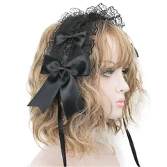 【人気商品】メイドカフェ キュート かわいい ヘアクリップ付き lolita 蝶結び リボン レース カチューシャ 多色選択 ヘアアクセサリー 髪飾り ゴスロリ (黒) ロリータ ヘッドドレス Sitengle
