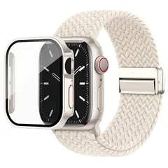 【新品】 [Knossen] コンパチブル Apple Watch バンド ナイロン 編み込み 伸縮性 アップルウォッチ バンド マグネット 磁気 直角エッジ保護ケース付き Apple Watch ベルトとカバー 一体型 セット 耐衝撃 全面保護 装着簡単 0