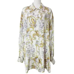 [未使用級]フェラガモ　ブラウス　ガンチーニ　XLシルク　レザー　タッセル 未使用級]フェラガモ ブラウス ガンチーニ XLシルク レザー