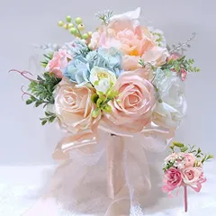 ピンク Misaki ウエディングブーケ ブートニア 花嫁ブーケ バラ ブライダルブーケ ラウンドブーケ 花束 造花 欧米風 挙式 結婚式 パーティー ニ次会 撮影 ホワイト (ピンク)