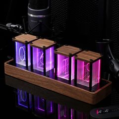 QuiExact ニキシー管時計 擬発光管時計 レトロモダン 置き時計 デジタル 目覚まし時計 七色 LED グラデーション 明るさ調整可能 アラーム 木製 カウントダウン ヴィンテージ時計 クロック グローチューブクロック おしゃれ レトロ ファッション 装