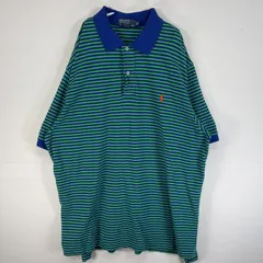 古着 90's/90年代 ポロバイラルフローレン Polo by Ralph Lauren 鹿の子 半袖 ポロシャツ ロゴ 刺繍 大きいサイズ 肉厚 2ボタン 2XL  グリーン ボーダー メンズ