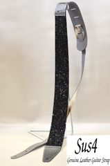 国内生産　ハンドメイド　ギターストラップ　グリッダー（輝石)ブラック＆ブラック/シルバー　ステッチ白