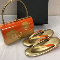 【美品】 草履 バッグ セット ／ Zori Sandals & Handbag Set 金×オレンジ 桜柄 振袖 成人式 結婚式 フォーマル 和装 訪問着 留袖 和装小物