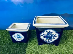 【龍馬】染付陶器の植木鉢　正方形　大小二点セット　各種　盆栽　植物　多肉　庭園　お庭　中国　人気