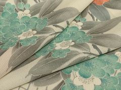 夏用 絽 アンティーク 名古屋帯 刺繍 トンボ 芭蕉 萩 銀糸 着物 063b