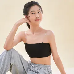 ☆ ブラック ☆ チューブトップブラ キッズ 透明ストラップ mmkbr125d チューブトップ ブラ ブラトップ  ブラジャー ストラップ 透明 チューブブラ ワイヤーなし 胸パッド ノンワイヤー カップ付き ずれない 肩紐 肩ひも 下着