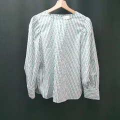 ◇ opaque.clip ストライプ柄 プルオーバー パール スリット 長袖 ブラウス サイズ38/M ホワイト/グリーン レディース E  【1310130014990】