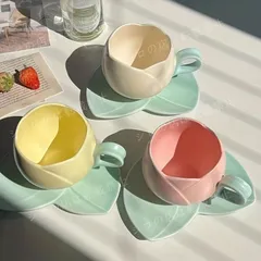 セット、チューリップティーカップとソーサー、花の形をしたセラミックコーヒーカップとソーサープレート、朝食、ティーパーティー、アフタ