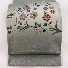 【美品】 袋帯 名品 手描友禅染 草花 灰緑 お太鼓柄 正絹 【中古】