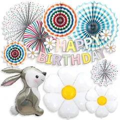 バースデー バルーン 飾り付け パーティー 動物風船 ウサギ デイジーフラワー 誕生日 花 お祝い ナチュラル風 記念日 Partylife 子ども ペーパーファン ガーランド 室内装飾 CHASE デコレーション セット (アイス)