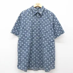 XL/古着 半袖 シャツ メンズ 90s 総柄 大きいサイズ ロング丈 コットン 紺他 ネイビー 25jun28 中古 トップス
