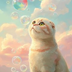 【猫とシャボン玉 - スコティッシュフォールド猫No.1】ジークレー版画＊名入れOK！ アートポスター ペットロス うちの子記念日 北欧 ナチュラル