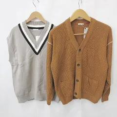 ジーユー GU ニット 2枚セット カーディガン Vネック 長袖 ステッチ チルデンベスト オレンジ ベージュ S