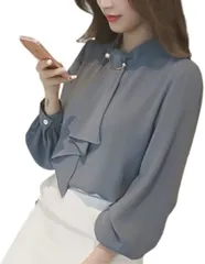 RED RAY レッドレイ カジュアル シフォン ボウタイ シャツ ブラウス 長袖 レディース オフィス スーツ セット 大きい サイズ 7分袖 ゆったり 白 快適 夏 50 60 代 低身長 おしゃれ カットソー フォーマル(ブルー,  XL)