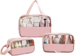 Surblue トイレタリーバッグ トラベルポーチ 旅行用透明化粧ポーチ 洗面用具ポーチ 多機能 旅行用品収納バッグ 防水 大容量 化粧品入れ 小物整理 軽量 ３点セット、ピンク