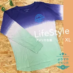アメリカ古着　LifeStyle　グラデーションカラー　プリント　ロンT　T シャツ　パープル　ライトグリーン　メンズ　XL　JAMAICA　英字プリント　カラフル　アメカジ　USA