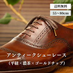 靴紐 革靴（平紐×濃茶×ゴールドチップ）靴ひも 幅3mm 55cm 60cm 65cm 70cm 75cm 80cm 靴 紐 ひも ビジネスシューズ 紳士靴 シュー レース ロー 蝋 引き 平紐 シューズ シューレースロービキ 日本製 平ひも ひらひも くつ