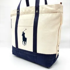 【良品】 Ralph Lauren ラルフローレン トートバッグ ホースロゴ キャンバス ホワイト 白 ネイビー 紺色 ユニセックス 男女兼用 メンズ レディース