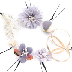 髪飾り 成人式 振袖 袴 花 7点セット 青 灰色 水色 ブルーグレー 白 ゴールド 花 組紐 ちりめん 玉飾り レース ニュアンスカラ No.12-0371