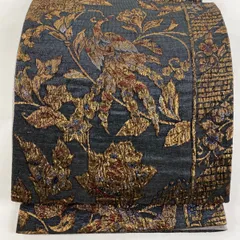 【美品】 袋帯 秀品 鳥 花唐草 箔 黒灰 六通 正絹 【中古】