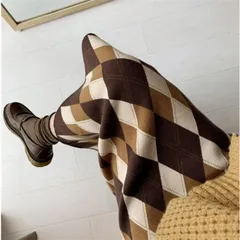 ニットスカート レディース 秋冬 フレアスカート チェック柄 ミモレ丈 ロングスカート タイトスカート ボトムス ウエストゴム ハイウエスト 体型カバー