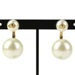 美品 Christian Dior クリスチャンディオール CDロゴ デザインキャッチ フェイクパール スタッズピアス ホワイト ゴールドカラー レディース 古着 中古 USED